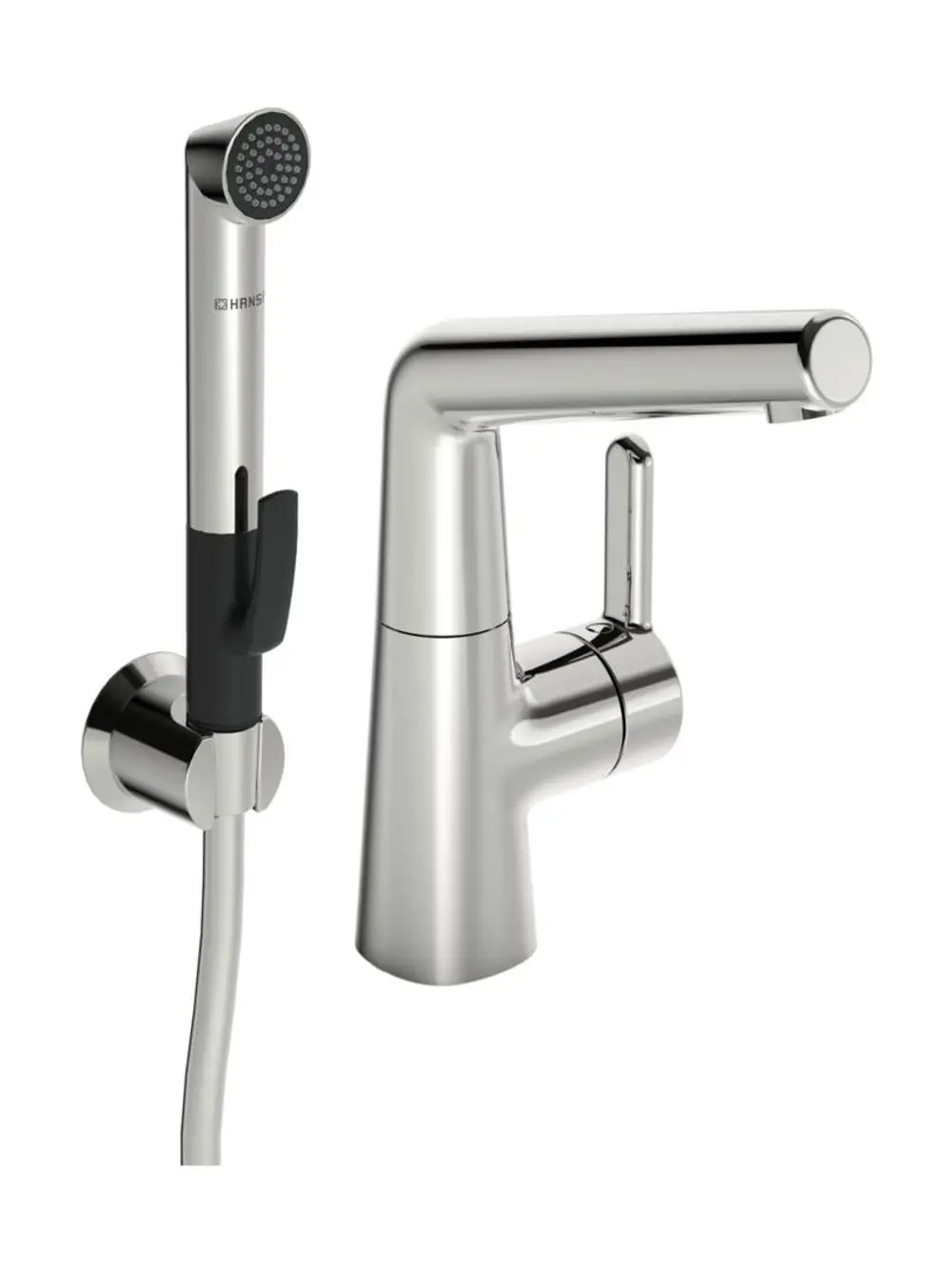 Einhebelmischer mit separatem Handbrausekopf, Chromoberfläche, markiert mit HANSA. Design in klaren Linien, geeignet für die Montage an einem Waschbecken.